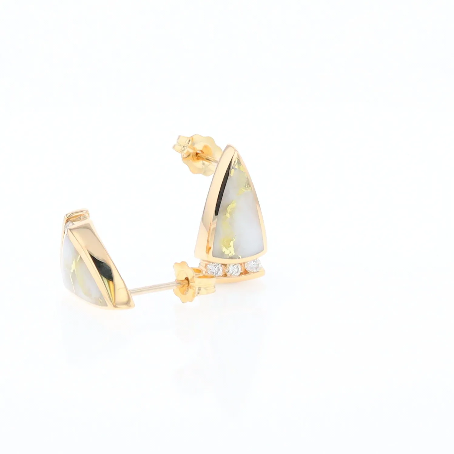 G1 Gold Quartz Earrings Triangle Shape Inlaid Design with .12ctw Diamonds
