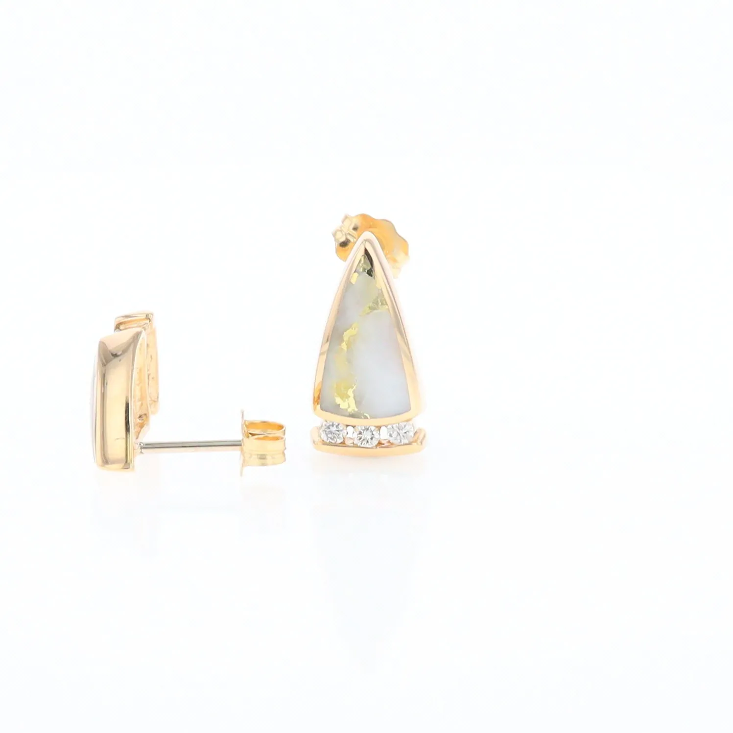 G1 Gold Quartz Earrings Triangle Shape Inlaid Design with .12ctw Diamonds