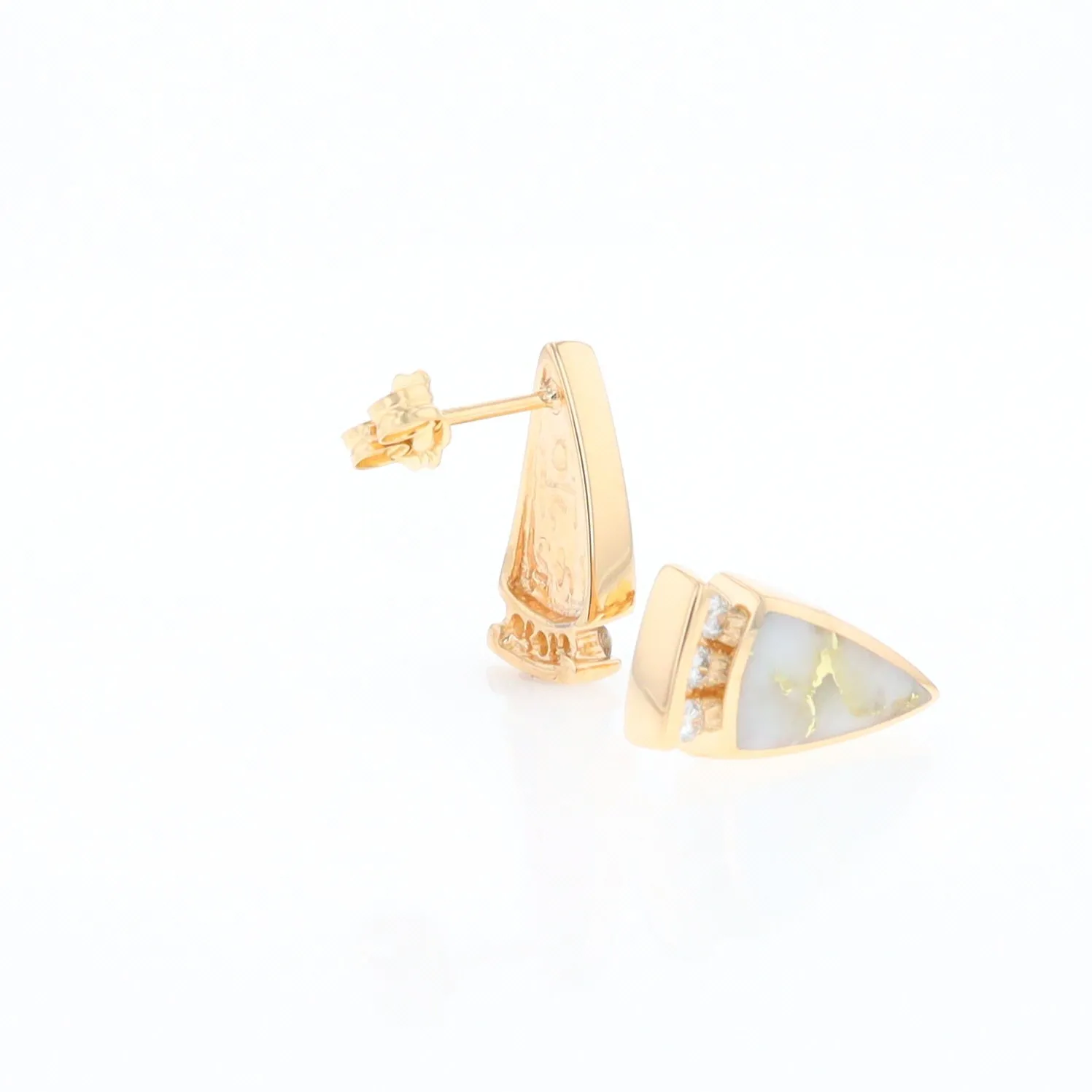 G1 Gold Quartz Earrings Triangle Shape Inlaid Design with .12ctw Diamonds