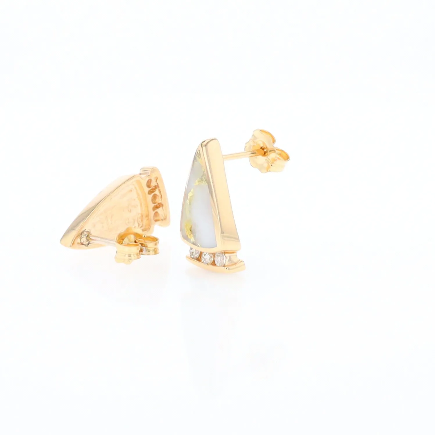 G1 Gold Quartz Earrings Triangle Shape Inlaid Design with .12ctw Diamonds