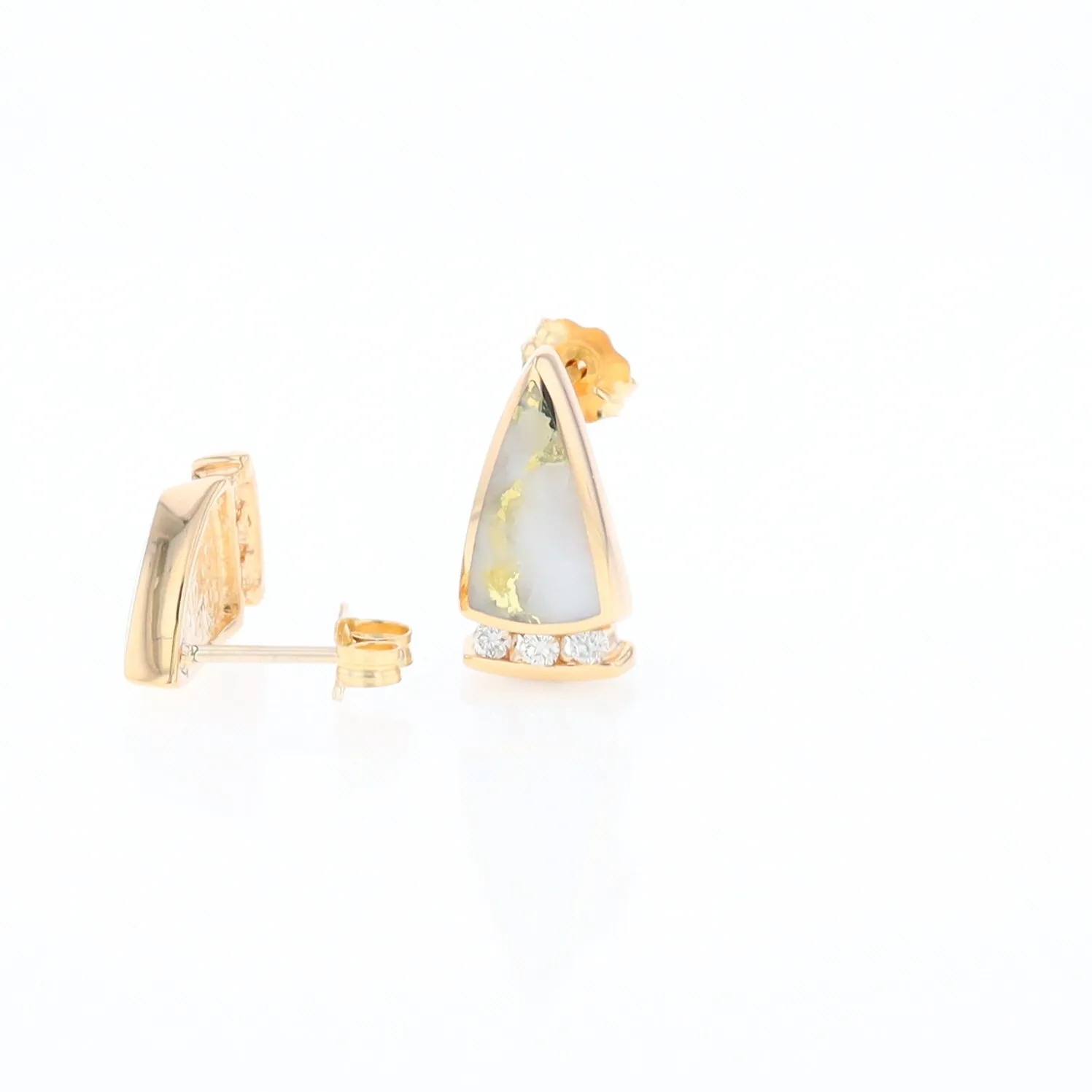 G1 Gold Quartz Earrings Triangle Shape Inlaid Design with .12ctw Diamonds
