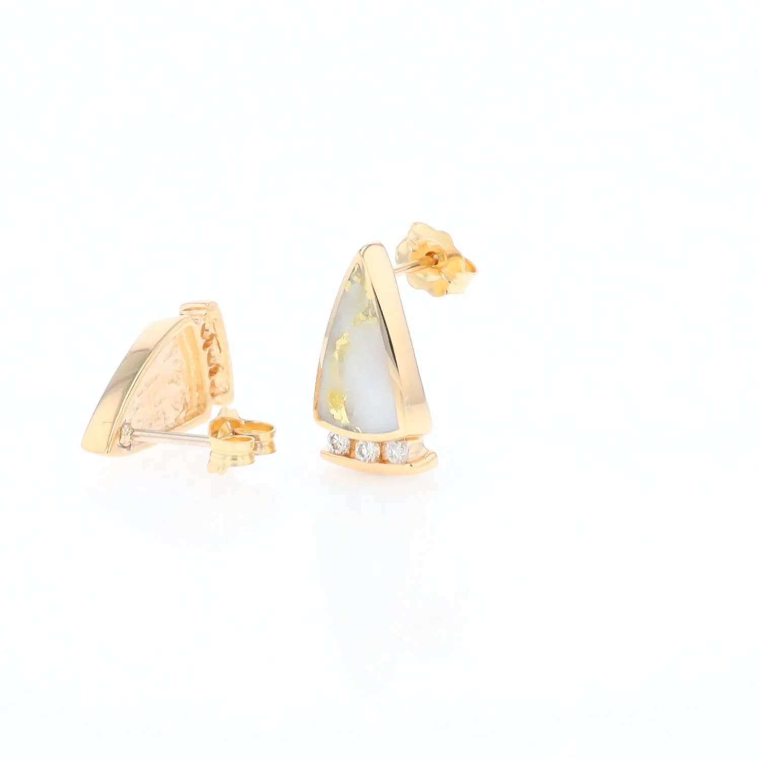 G1 Gold Quartz Earrings Triangle Shape Inlaid Design with .12ctw Diamonds