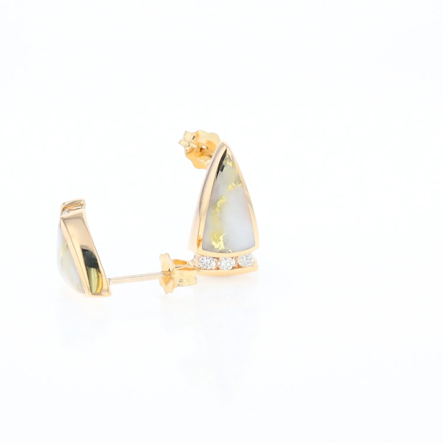 G1 Gold Quartz Earrings Triangle Shape Inlaid Design with .12ctw Diamonds