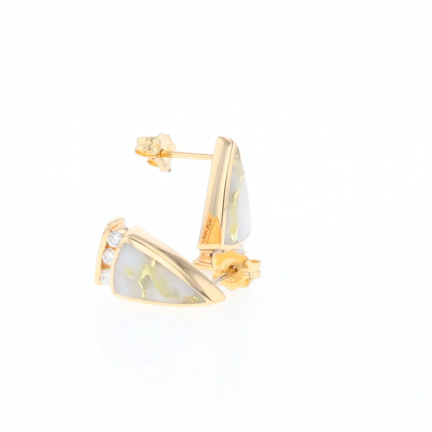 G1 Gold Quartz Earrings Triangle Shape Inlaid Design with .12ctw Diamonds