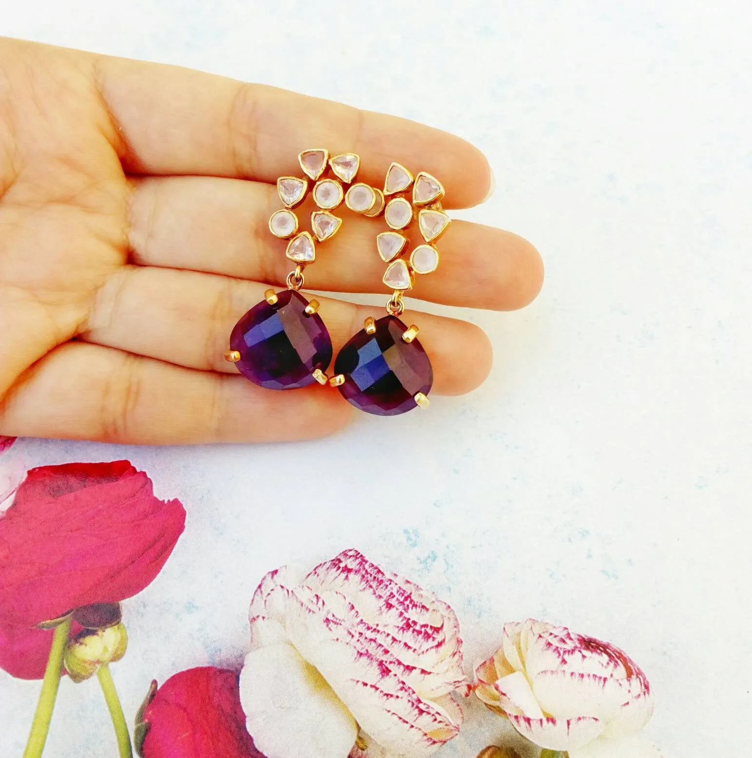 Gold Amethyst Earrings, 18k Gold Plated Silver Drop Amethyst Earrings