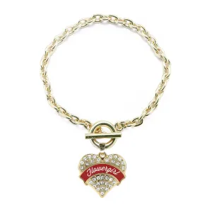 Gold Crimson Red Flower Girl Pave Heart Charm Toggle Bracelet