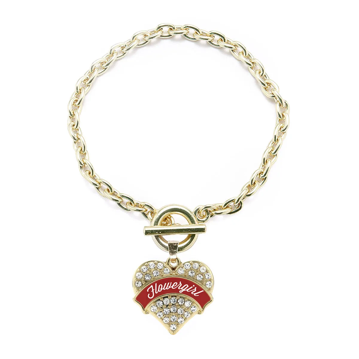 Gold Crimson Red Flower Girl Pave Heart Charm Toggle Bracelet