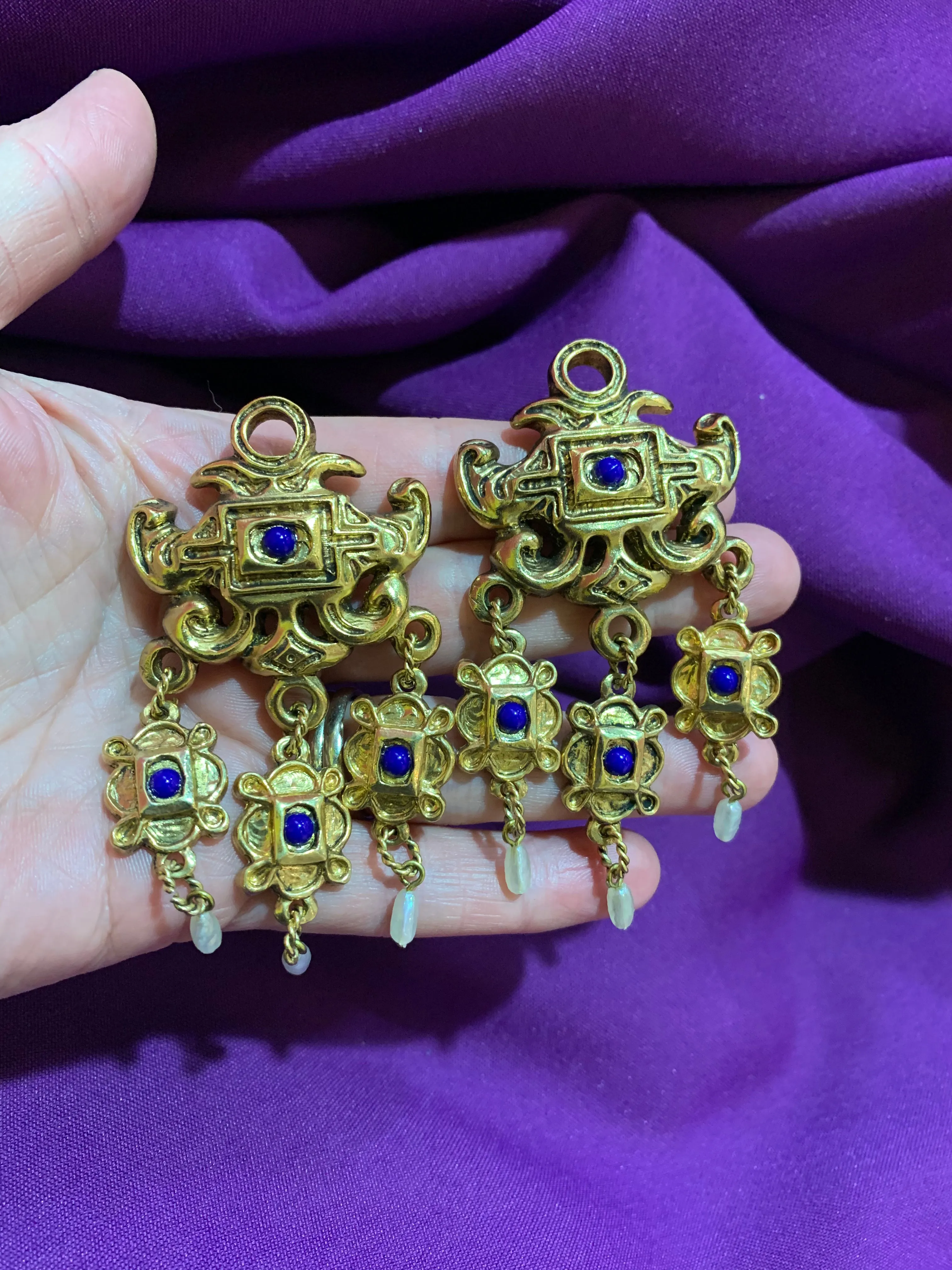Gold lapis blue chandelier earrings