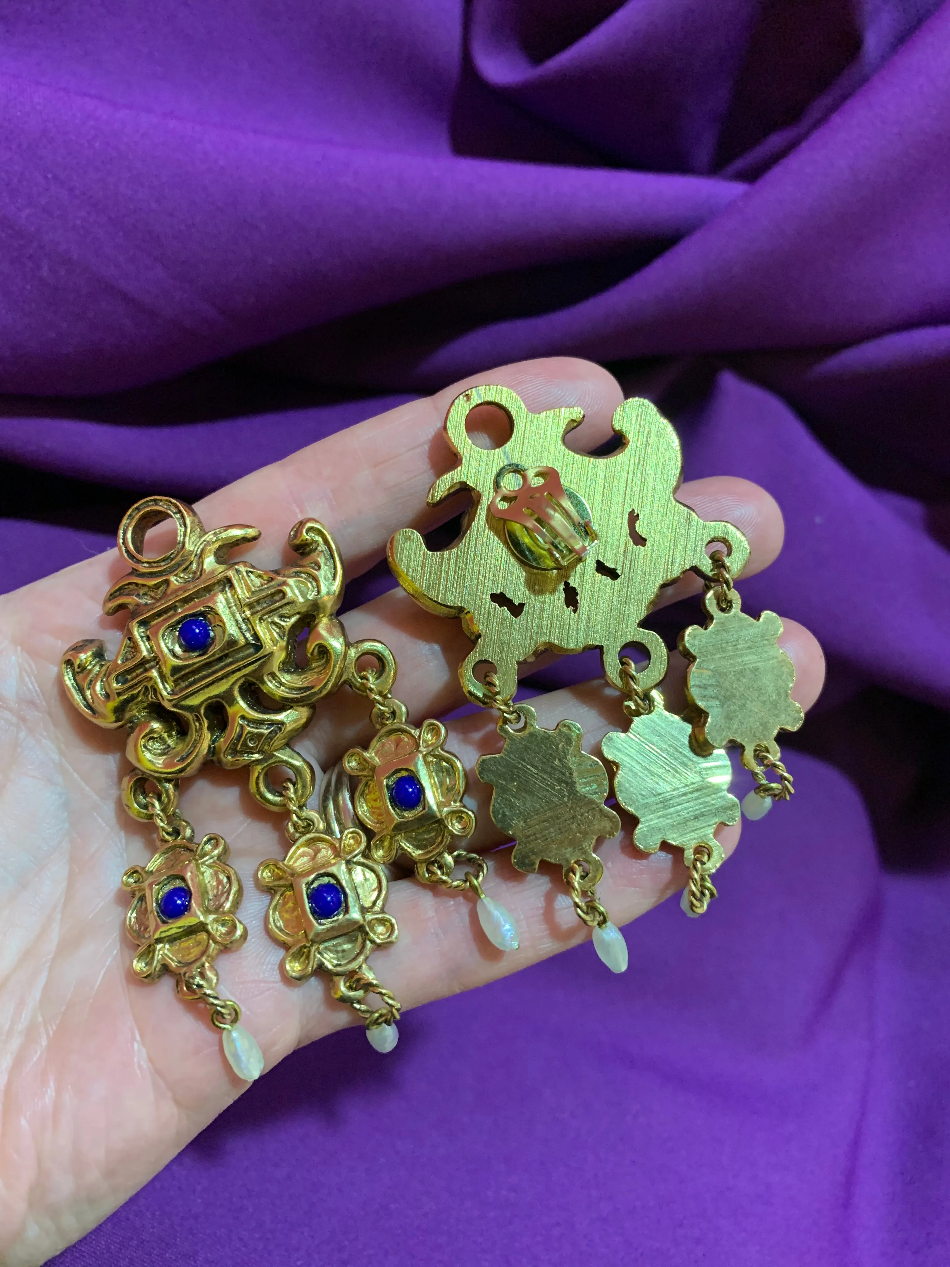 Gold lapis blue chandelier earrings