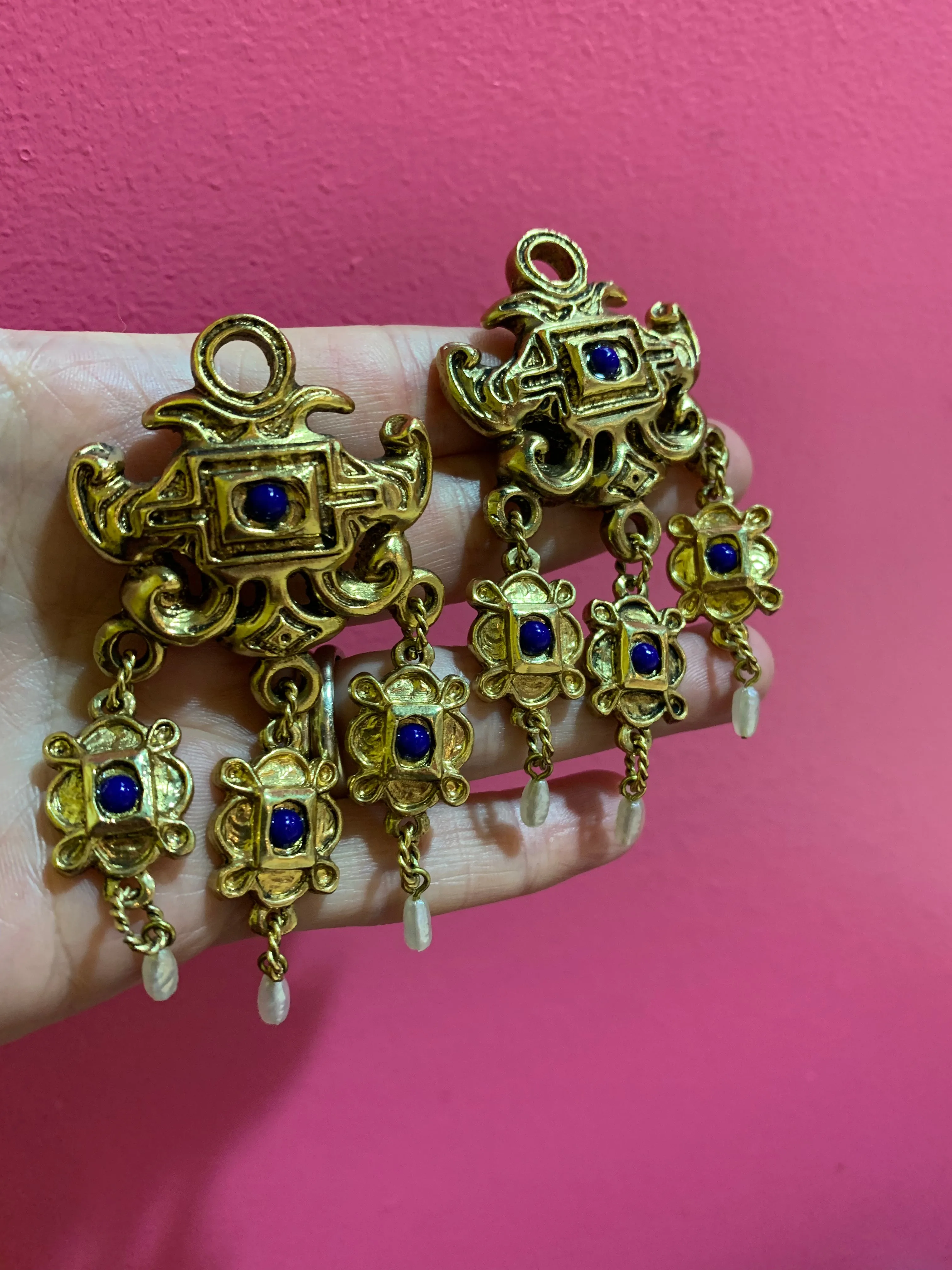 Gold lapis blue chandelier earrings