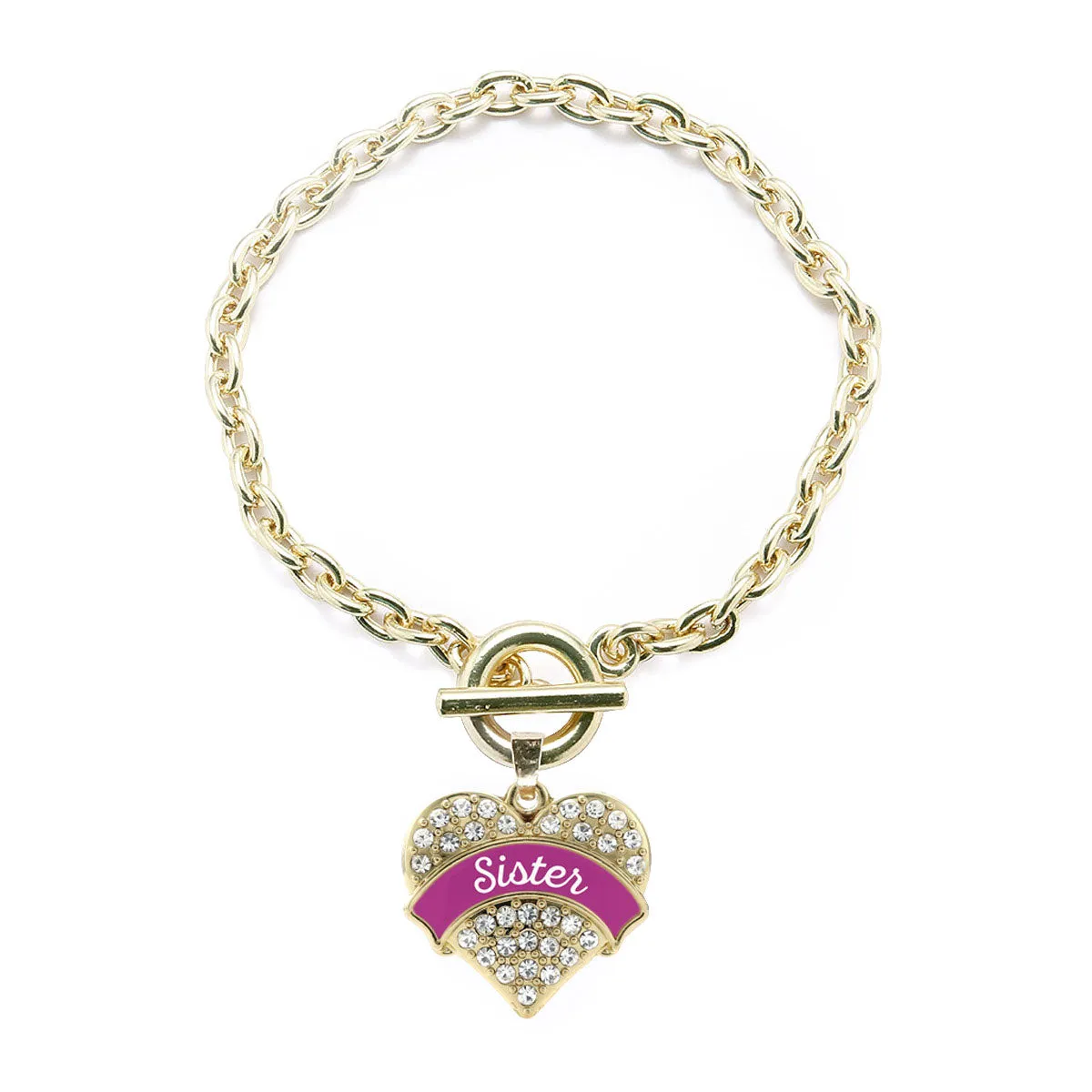 Gold Magenta Sister Pave Heart Charm Toggle Bracelet