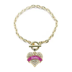 Gold Magenta Sister Pave Heart Charm Toggle Bracelet