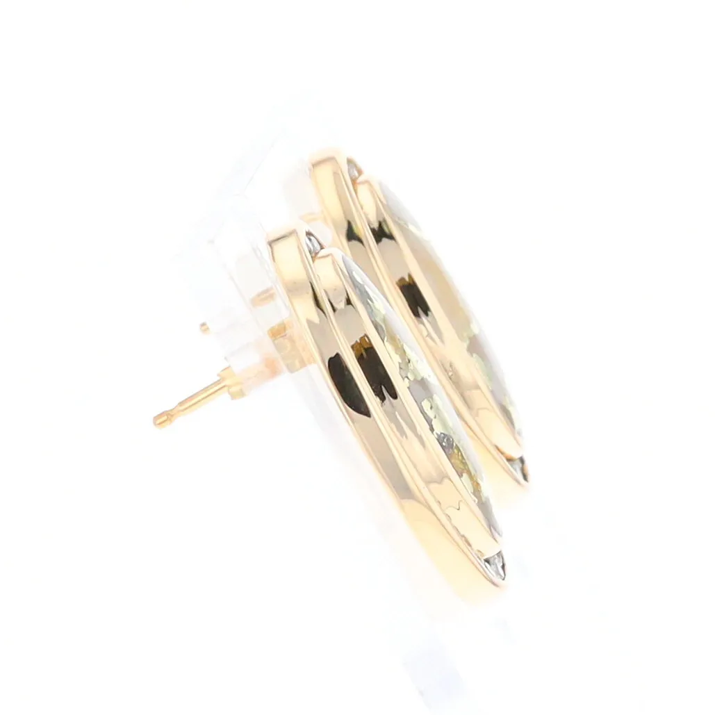 Gold Quartz Earrings Oval Inlaid Design .73ctw Round Diamonds Halo