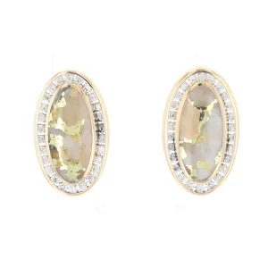 Gold Quartz Earrings Oval Inlaid Design .73ctw Round Diamonds Halo