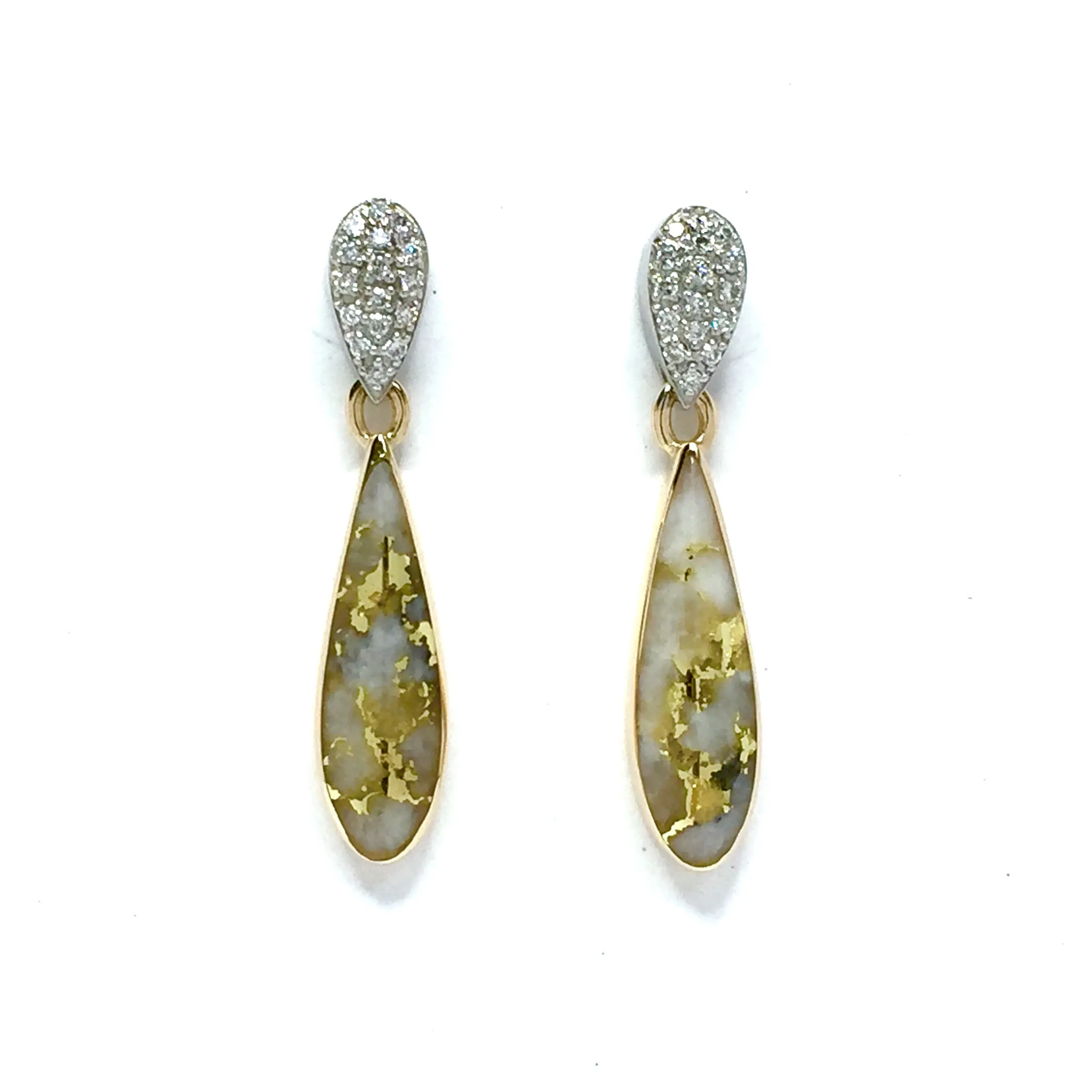 Gold Quartz Earrings Tear Drop Inlaid with .22ctw Pave Round Diamonds