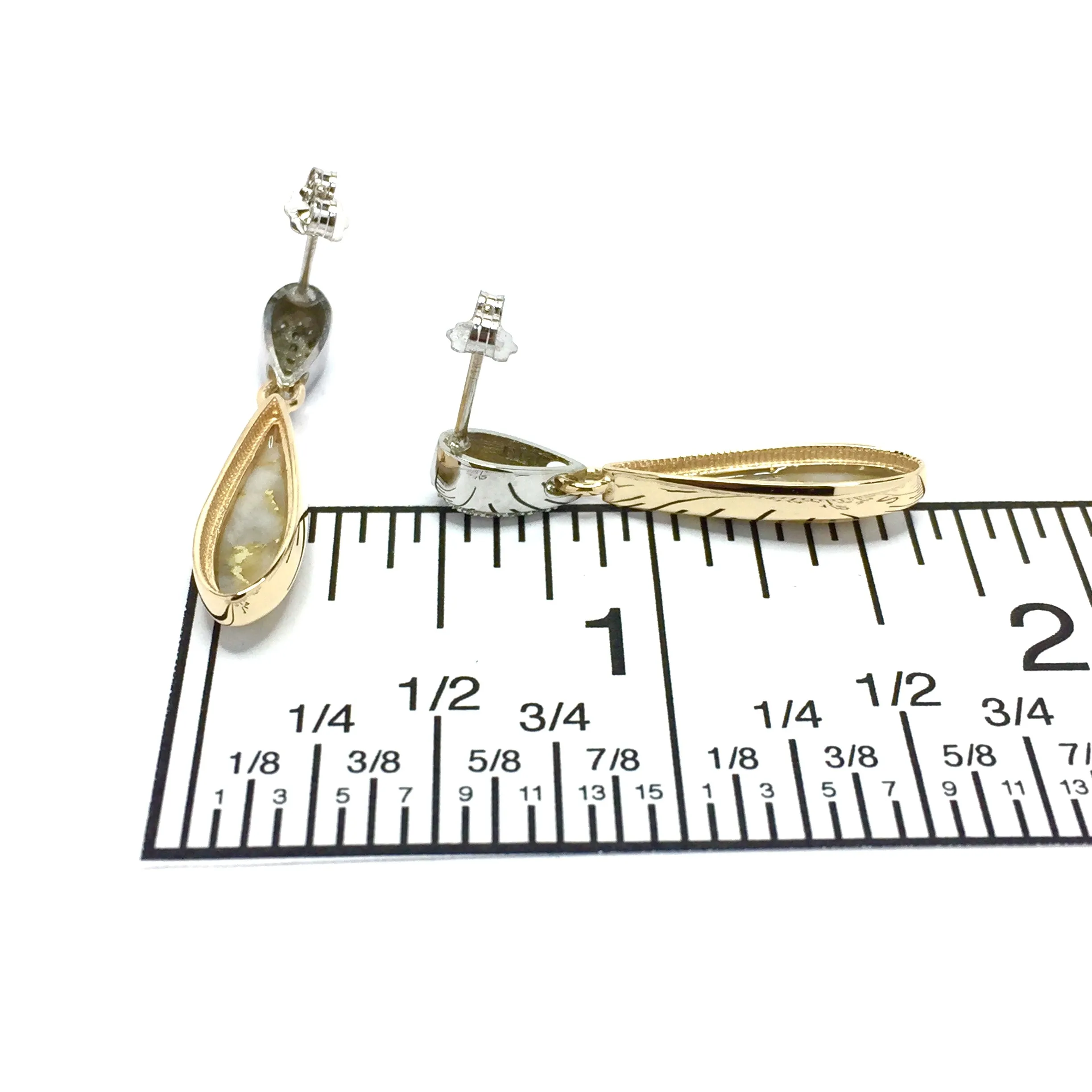 Gold Quartz Earrings Tear Drop Inlaid with .22ctw Pave Round Diamonds