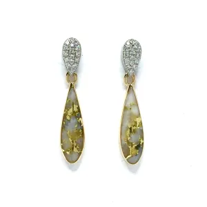 Gold Quartz Earrings Tear Drop Inlaid with .22ctw Pave Round Diamonds