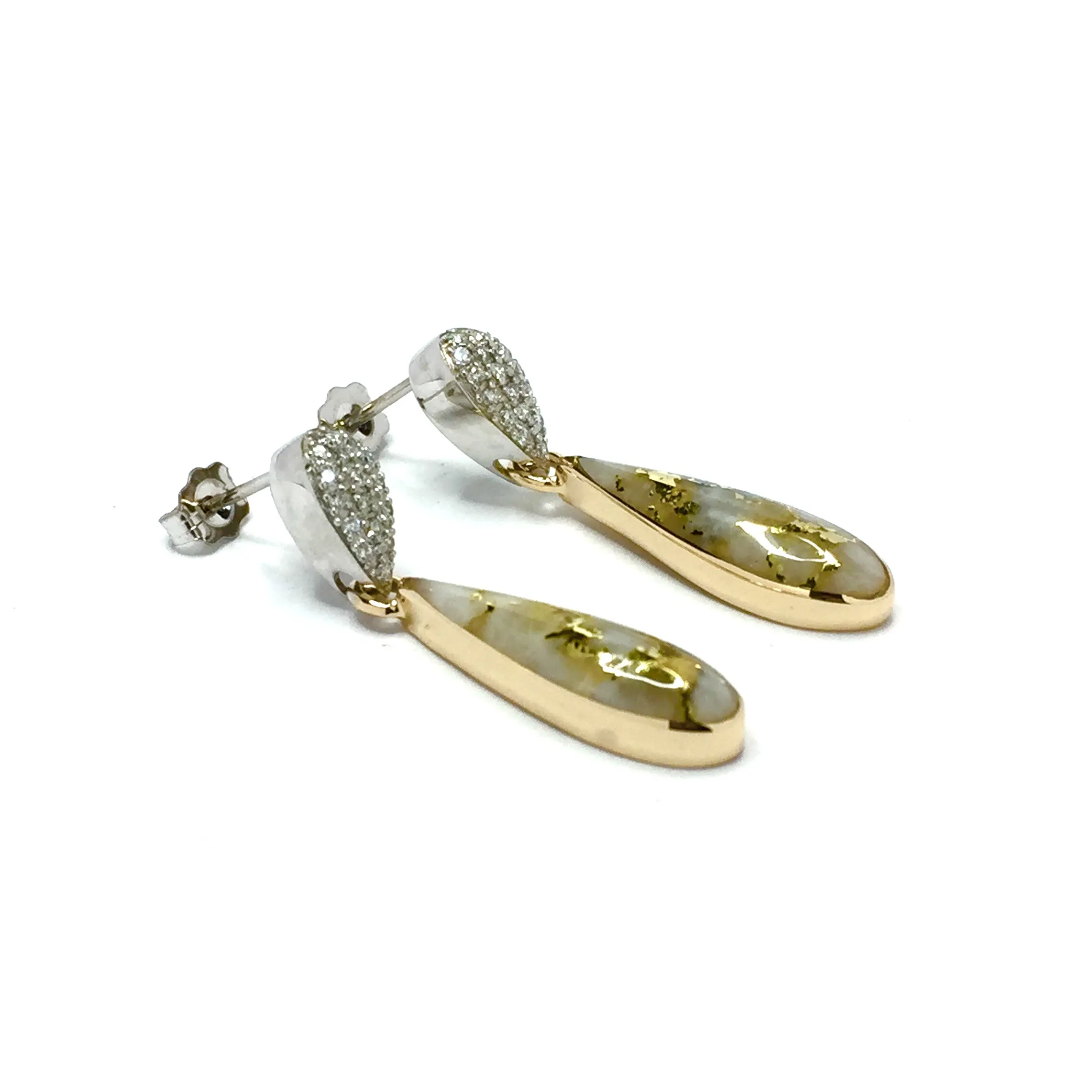 Gold Quartz Earrings Tear Drop Inlaid with .22ctw Pave Round Diamonds