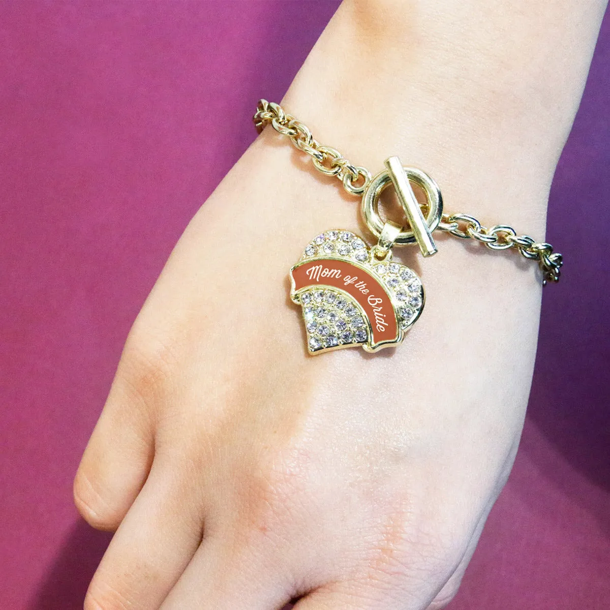 Gold Rust Mom of Bride Pave Heart Charm Toggle Bracelet