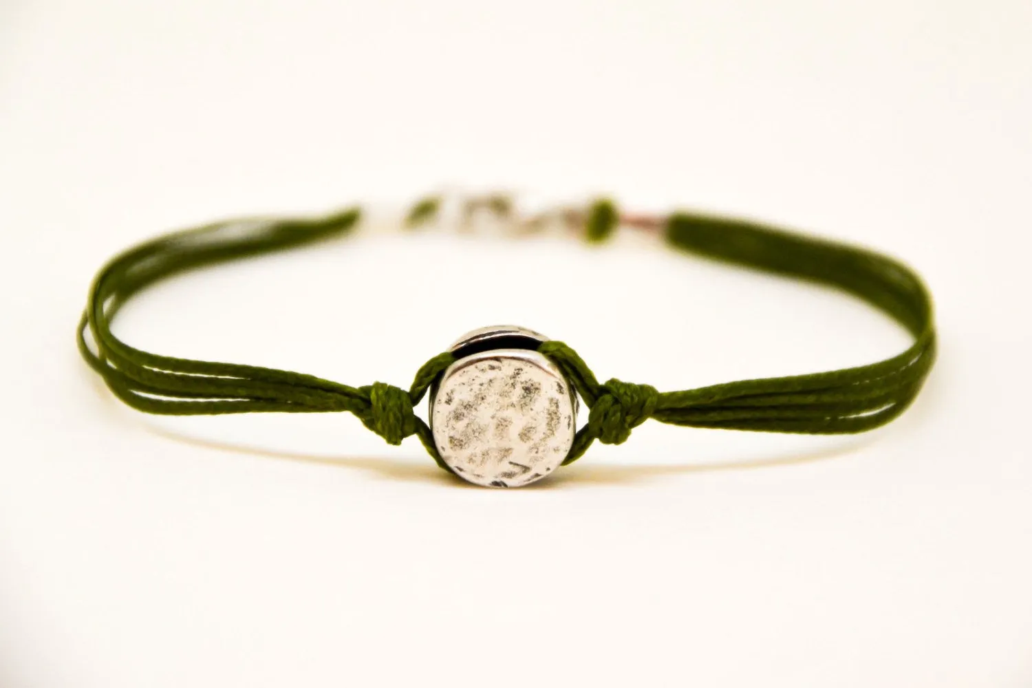 Green cord bracelet for men with a silver round charm, gift for him