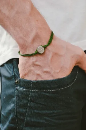 Green cord bracelet for men with a silver round charm, gift for him