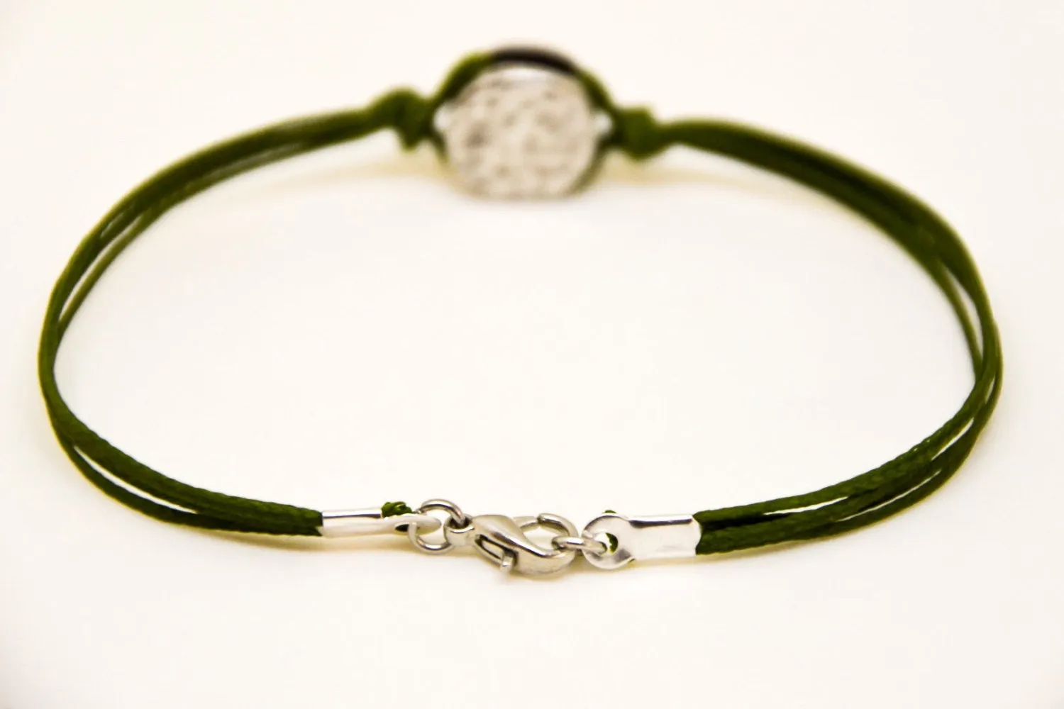 Green cord bracelet for men with a silver round charm, gift for him