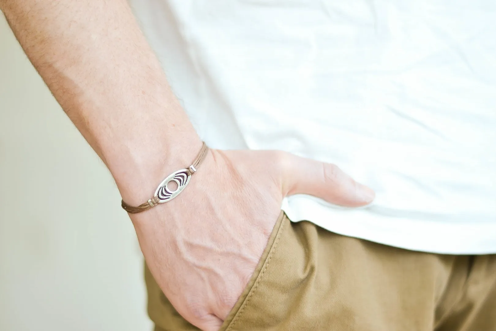 handmade bracelet for men, silver oval charm, brown string, custom color, customized fathers day gift
