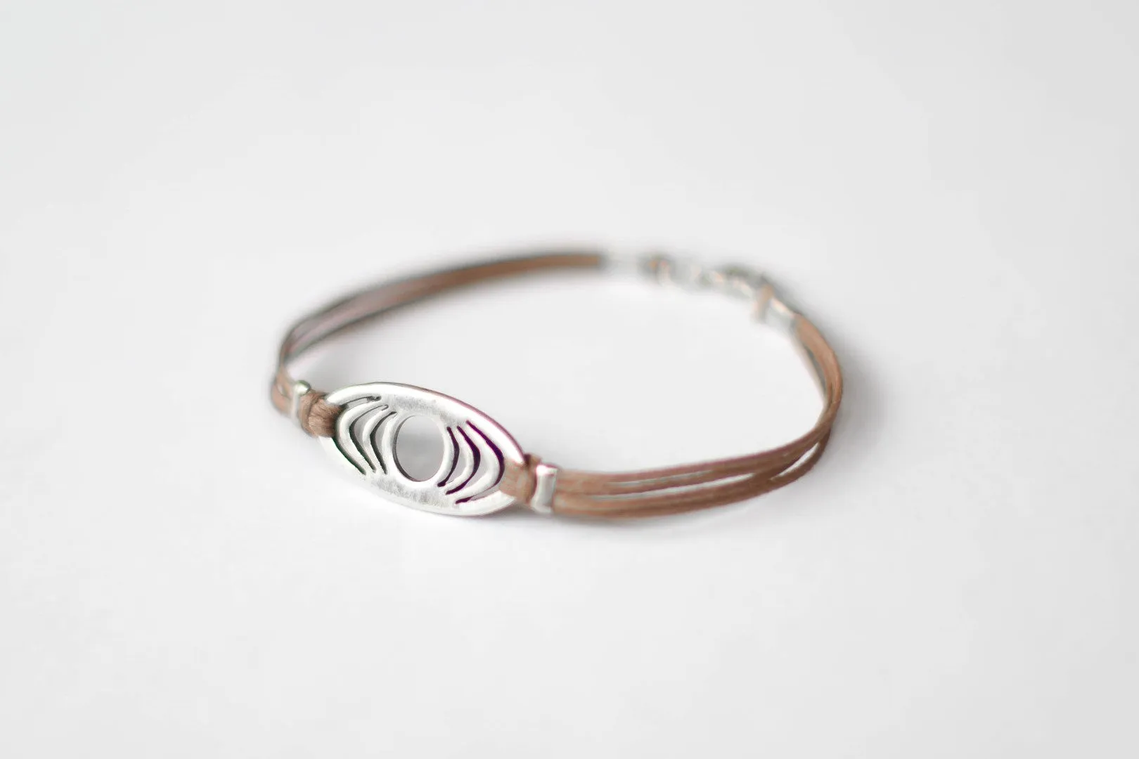 handmade bracelet for men, silver oval charm, brown string, custom color, customized fathers day gift