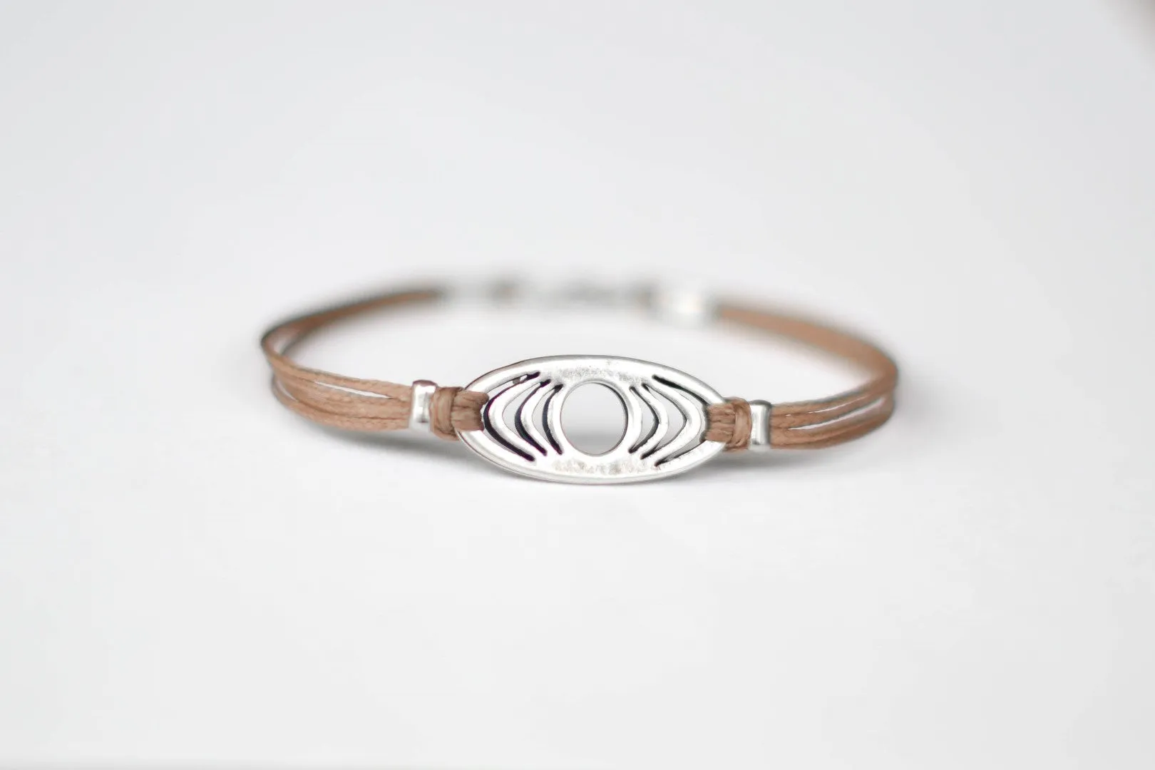 handmade bracelet for men, silver oval charm, brown string, custom color, customized fathers day gift