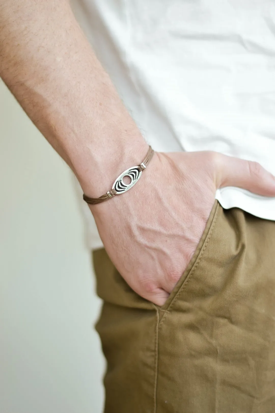 handmade bracelet for men, silver oval charm, brown string, custom color, customized fathers day gift
