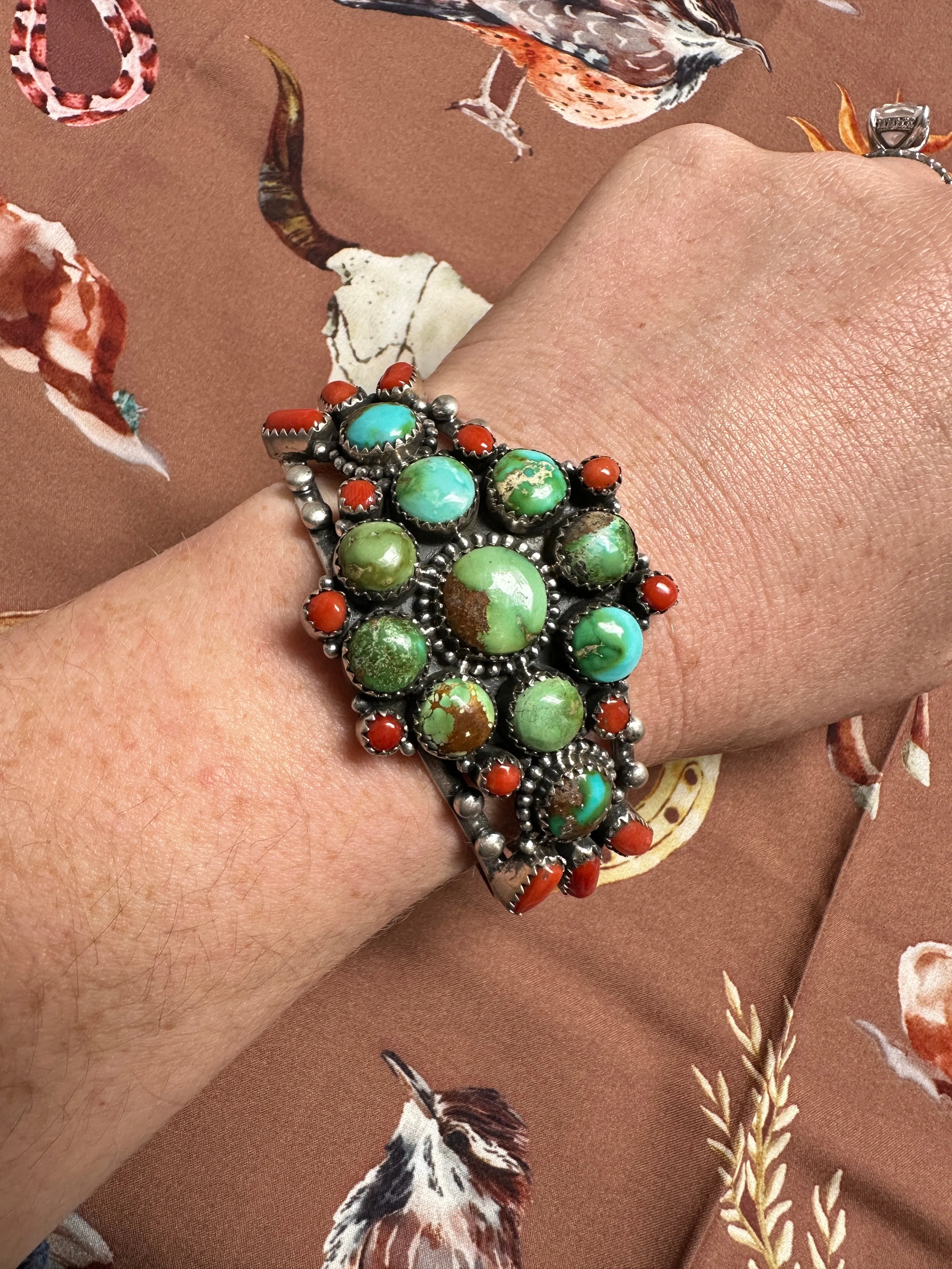 Handmade Sonoran Turquoise, Coral & Sterling Silver Cuff Bracelet Signed Nizhoni STYLE 7