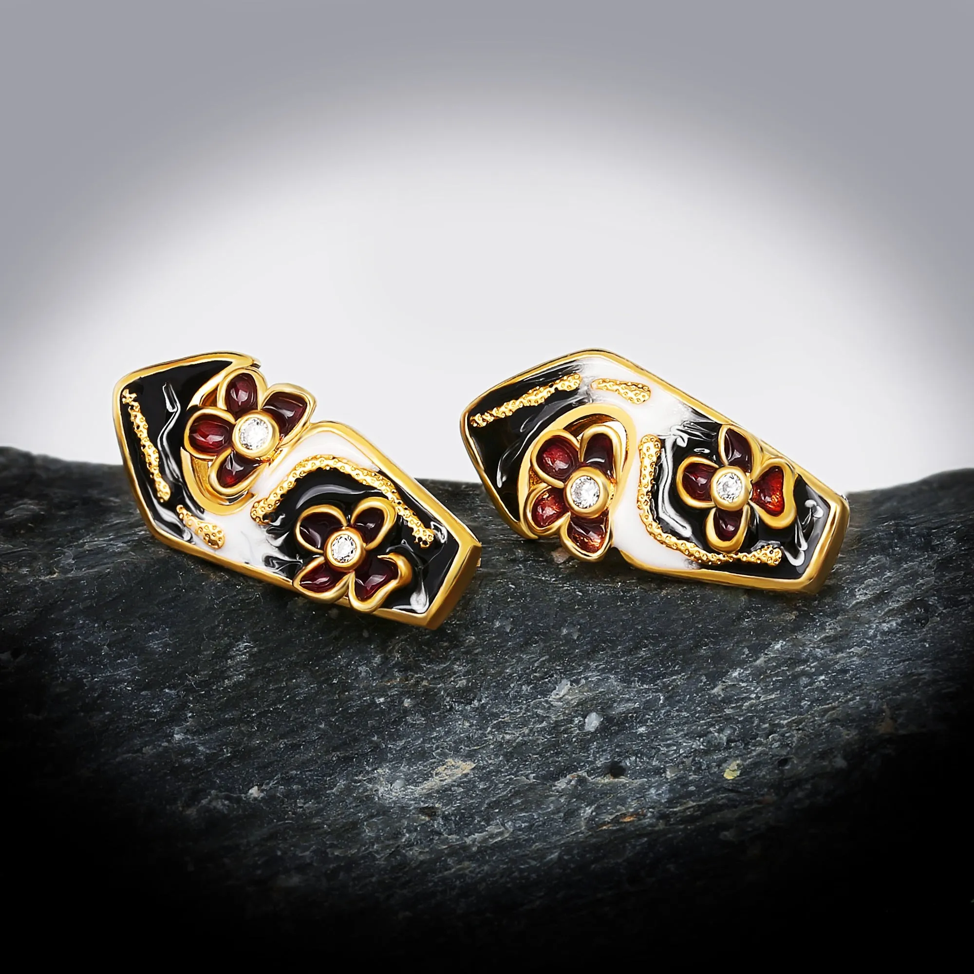Hollow Flower Enamel Hoop Earrings for Women with Zircon in Gold Silver