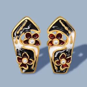 Hollow Flower Enamel Hoop Earrings for Women with Zircon in Gold Silver