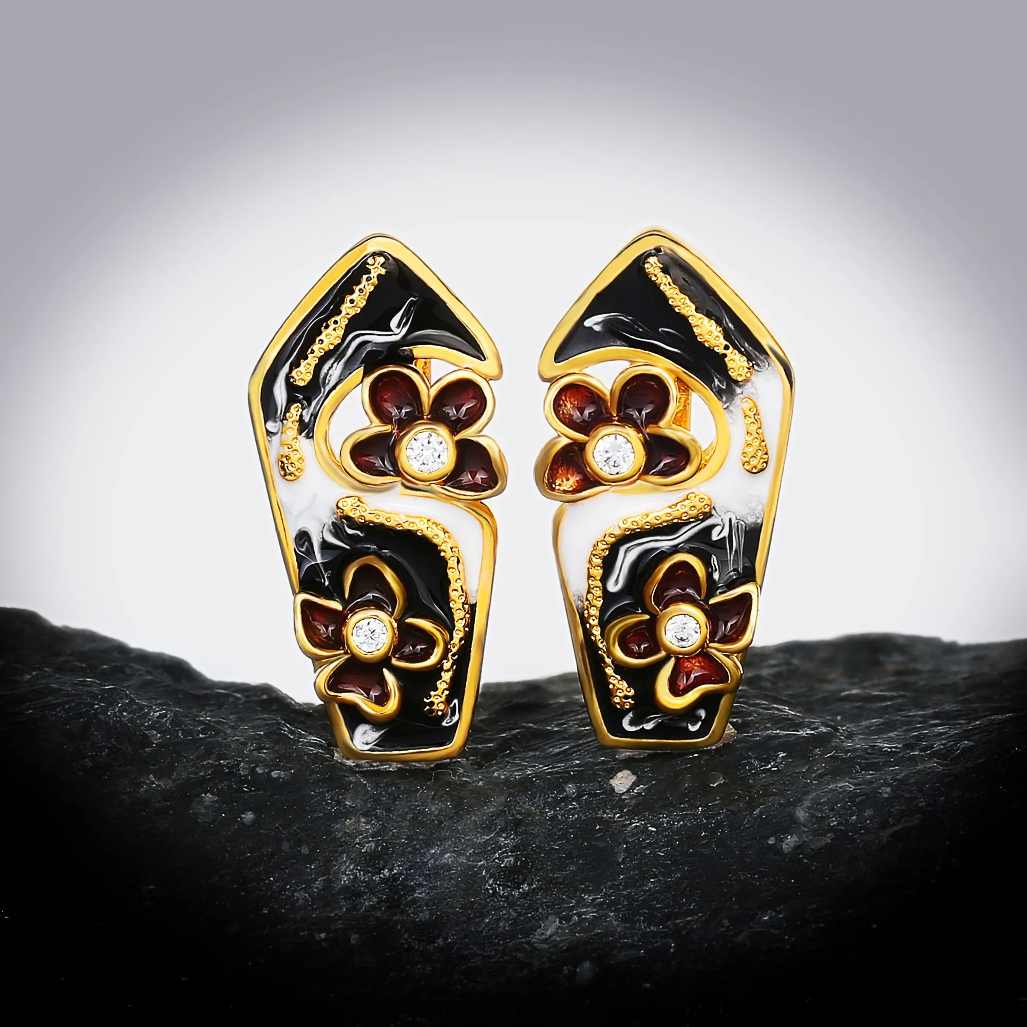 Hollow Flower Enamel Hoop Earrings for Women with Zircon in Gold Silver