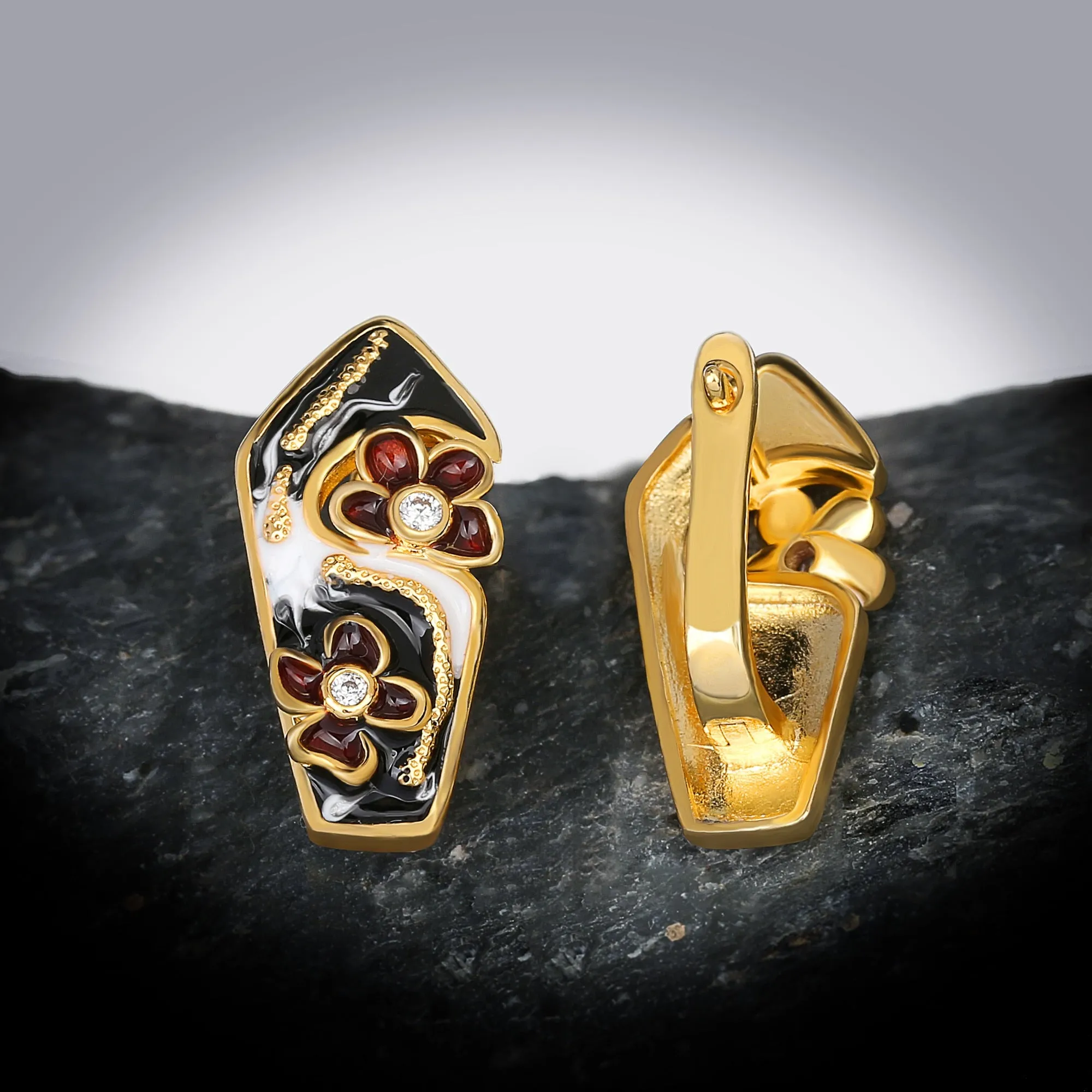 Hollow Flower Enamel Hoop Earrings for Women with Zircon in Gold Silver