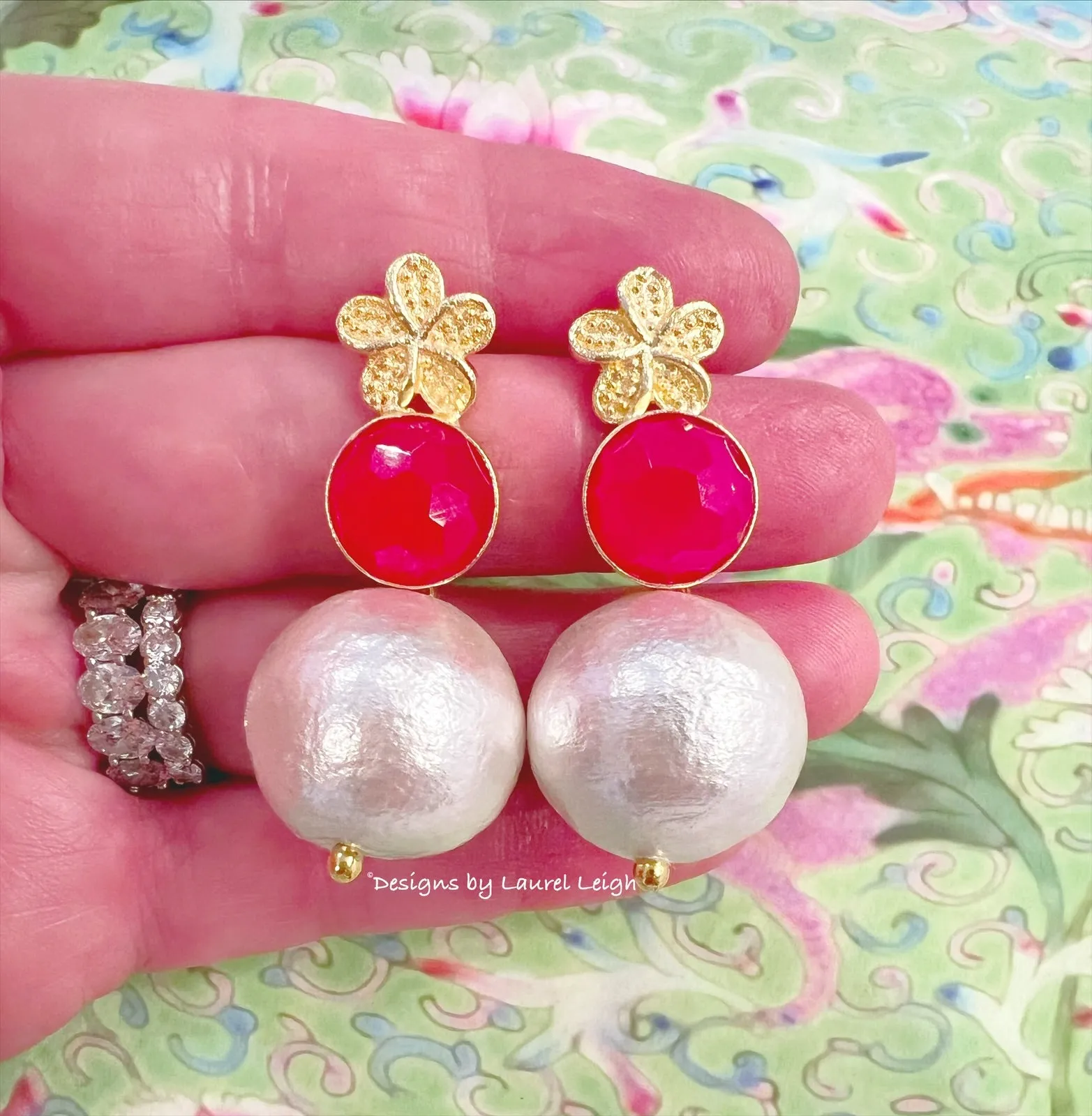 Hot Pink Gemstone Pearl Earrings