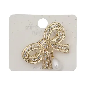 JAH48468-Rhinestone Bow & Pearl Drop Brooch