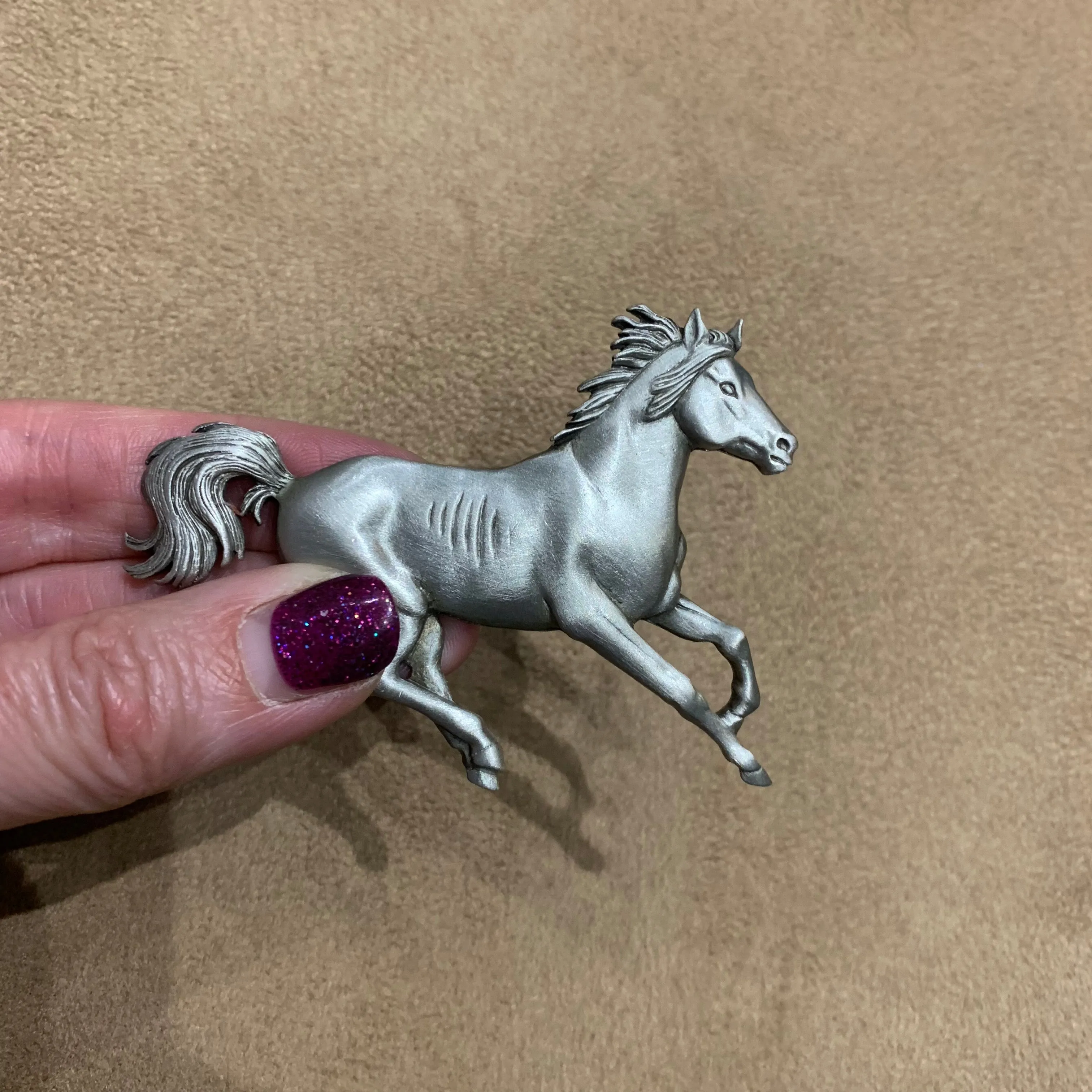 JJ galloping  horse brooch in Pewter