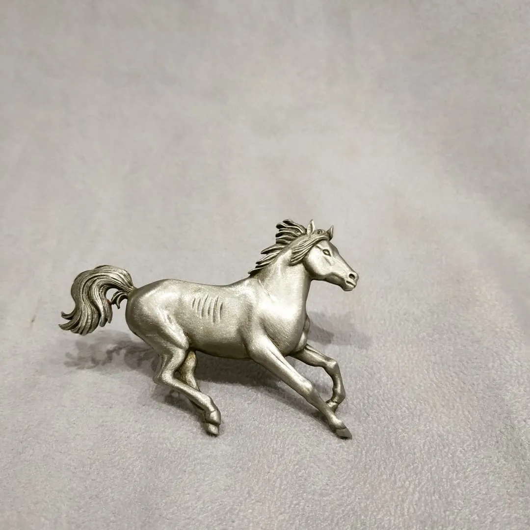 JJ galloping  horse brooch in Pewter