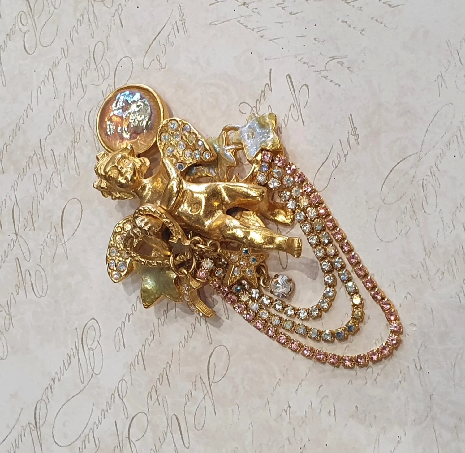 Kirks Folly Cupid Cherub Celestial Brooch Vintage Gold