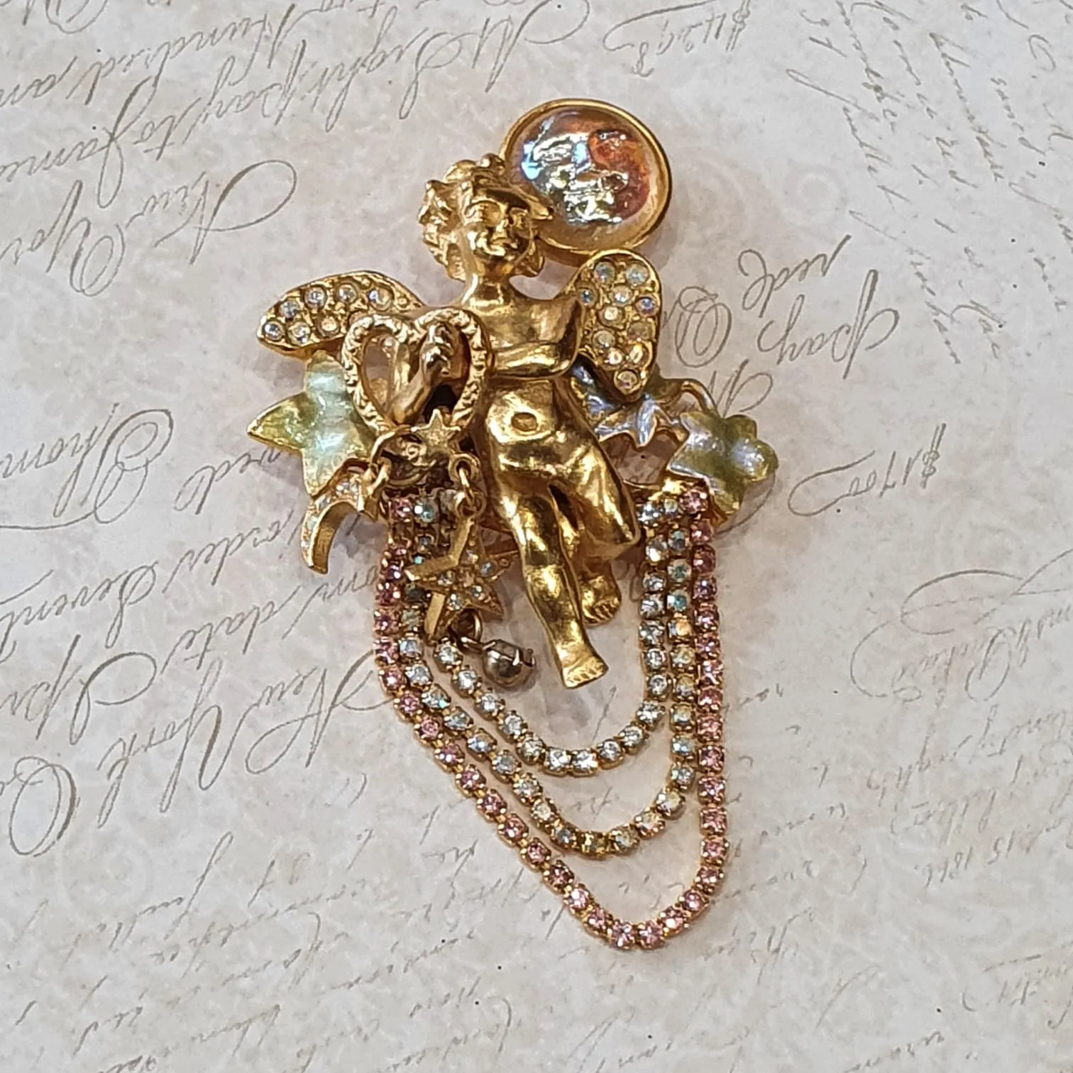 Kirks Folly Cupid Cherub Celestial Brooch Vintage Gold