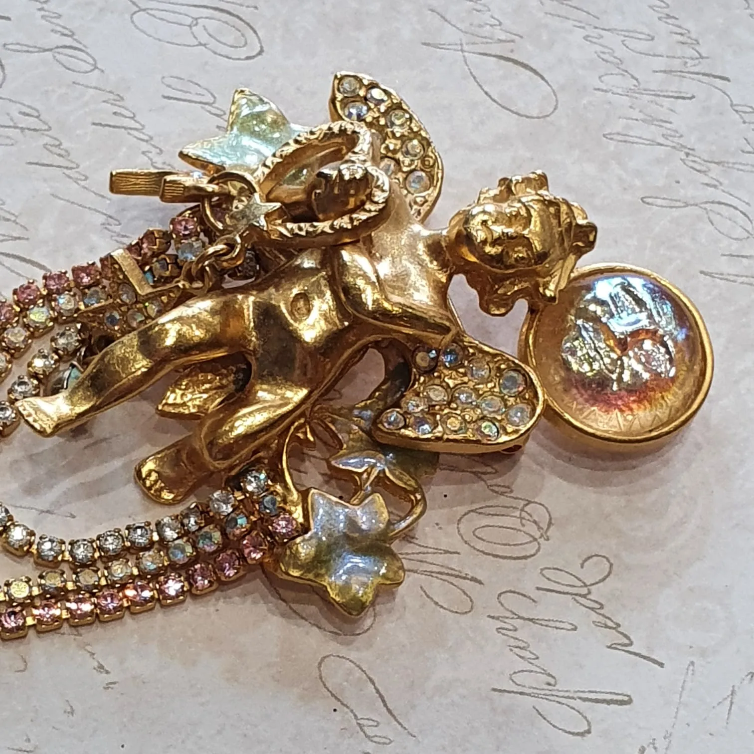 Kirks Folly Cupid Cherub Celestial Brooch Vintage Gold