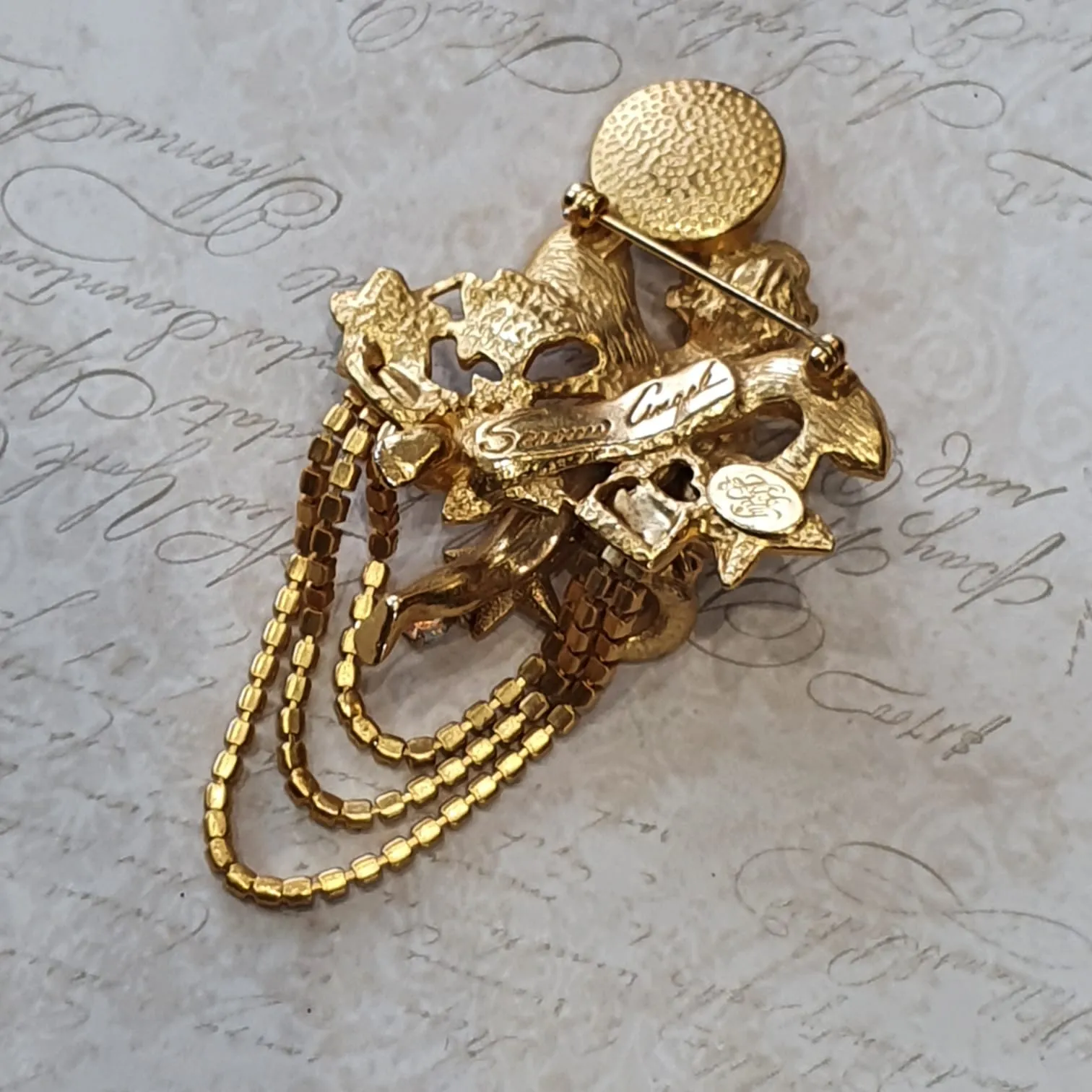 Kirks Folly Cupid Cherub Celestial Brooch Vintage Gold