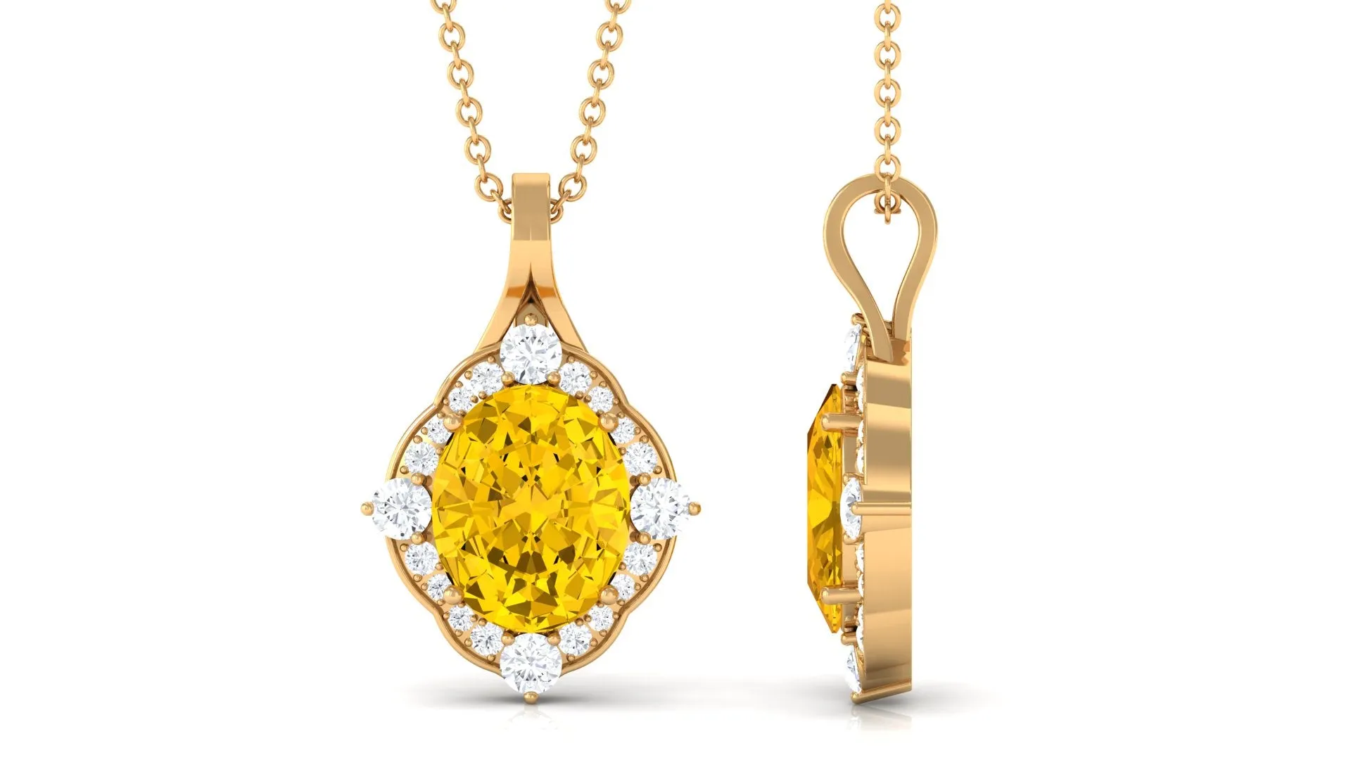 Lab Created Yellow Sapphire Oval Halo Pendant with Diamond