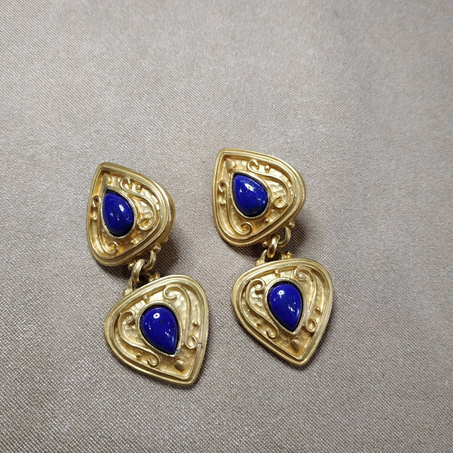 Lapis Lazuli Clip On Drop earrings by Rima Ariss in gold plate tear drop