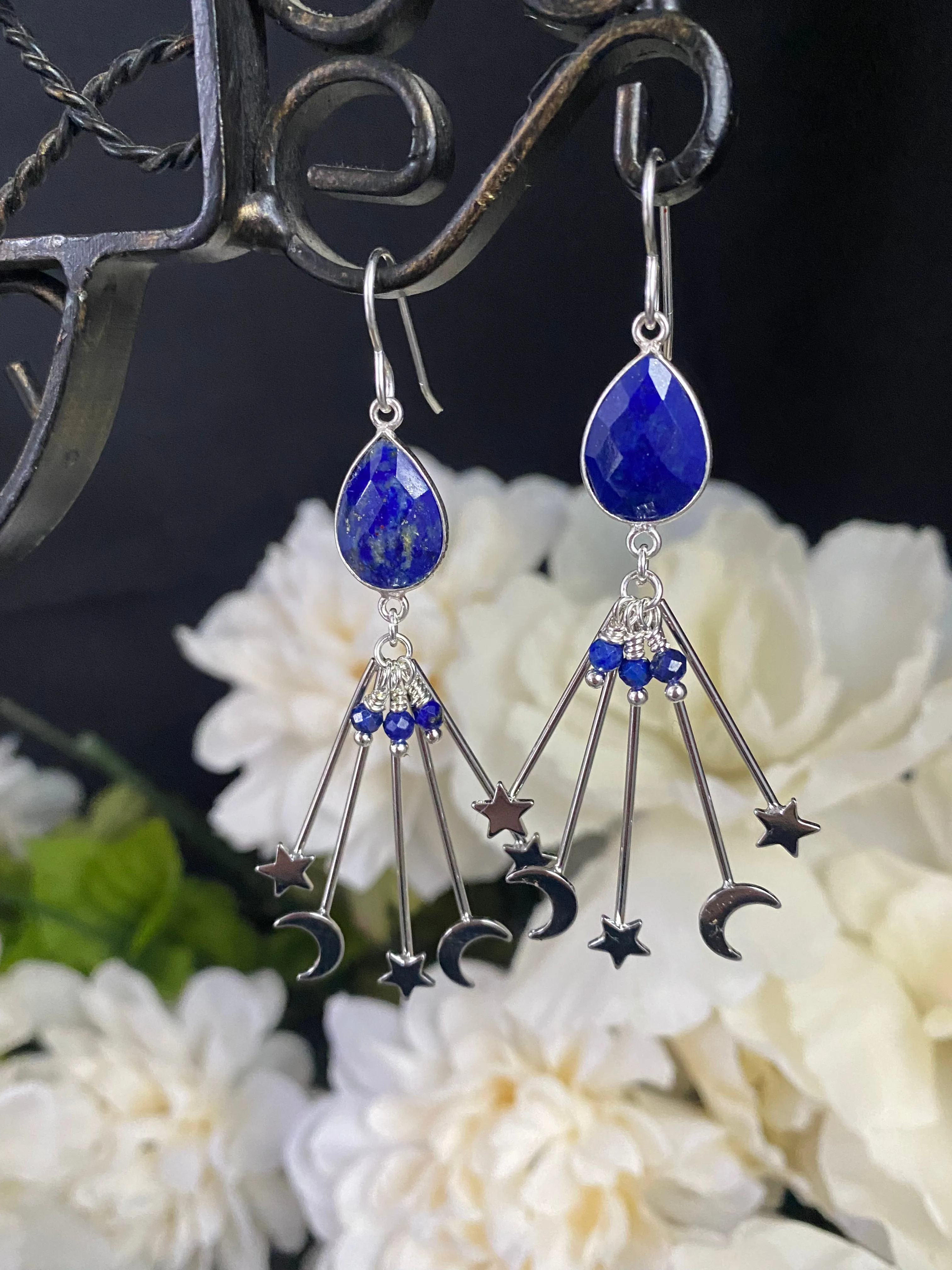 Lapis lazuli stone, moon and stars charms, silver metal, earrings, jewelry