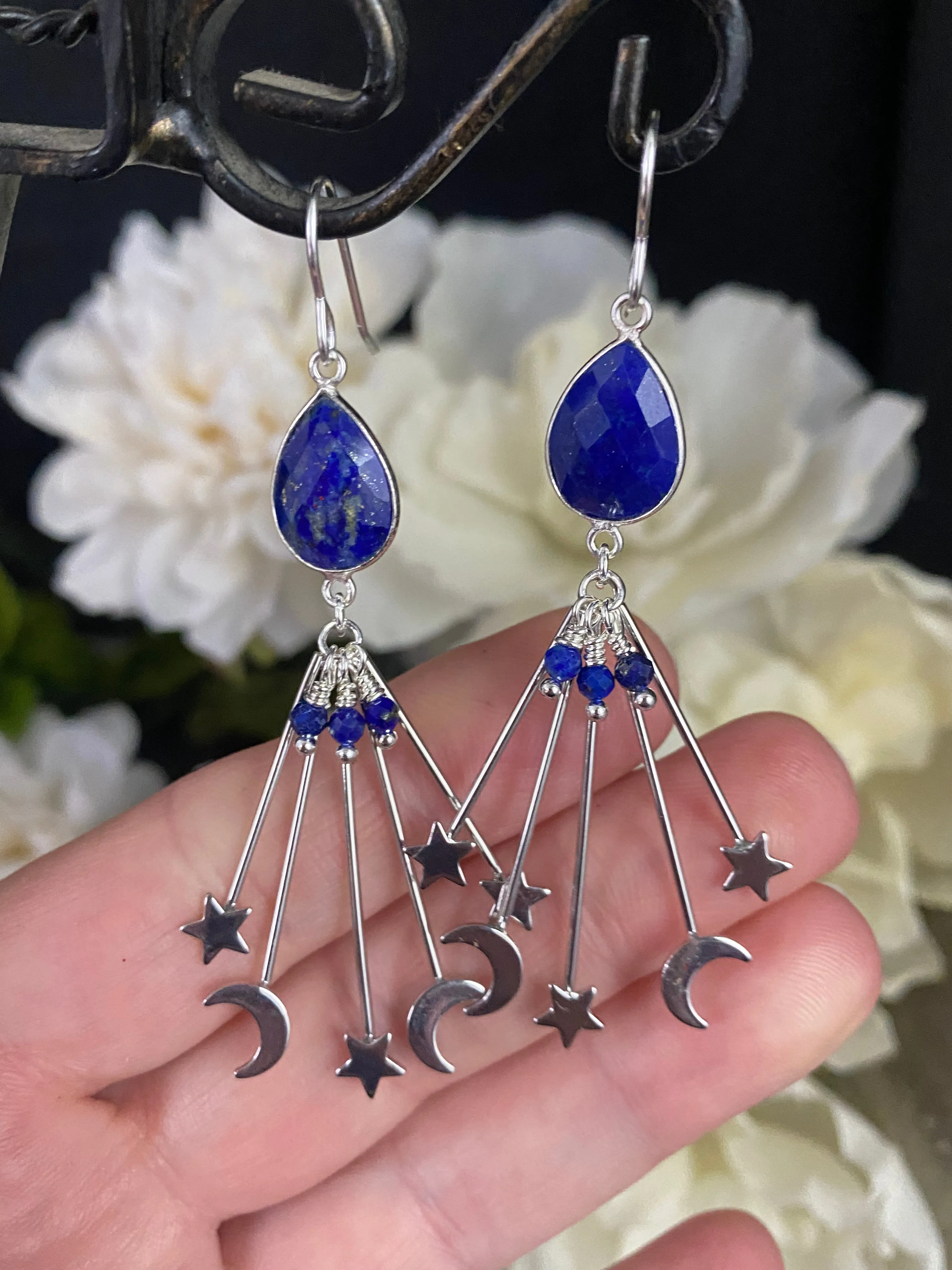 Lapis lazuli stone, moon and stars charms, silver metal, earrings, jewelry