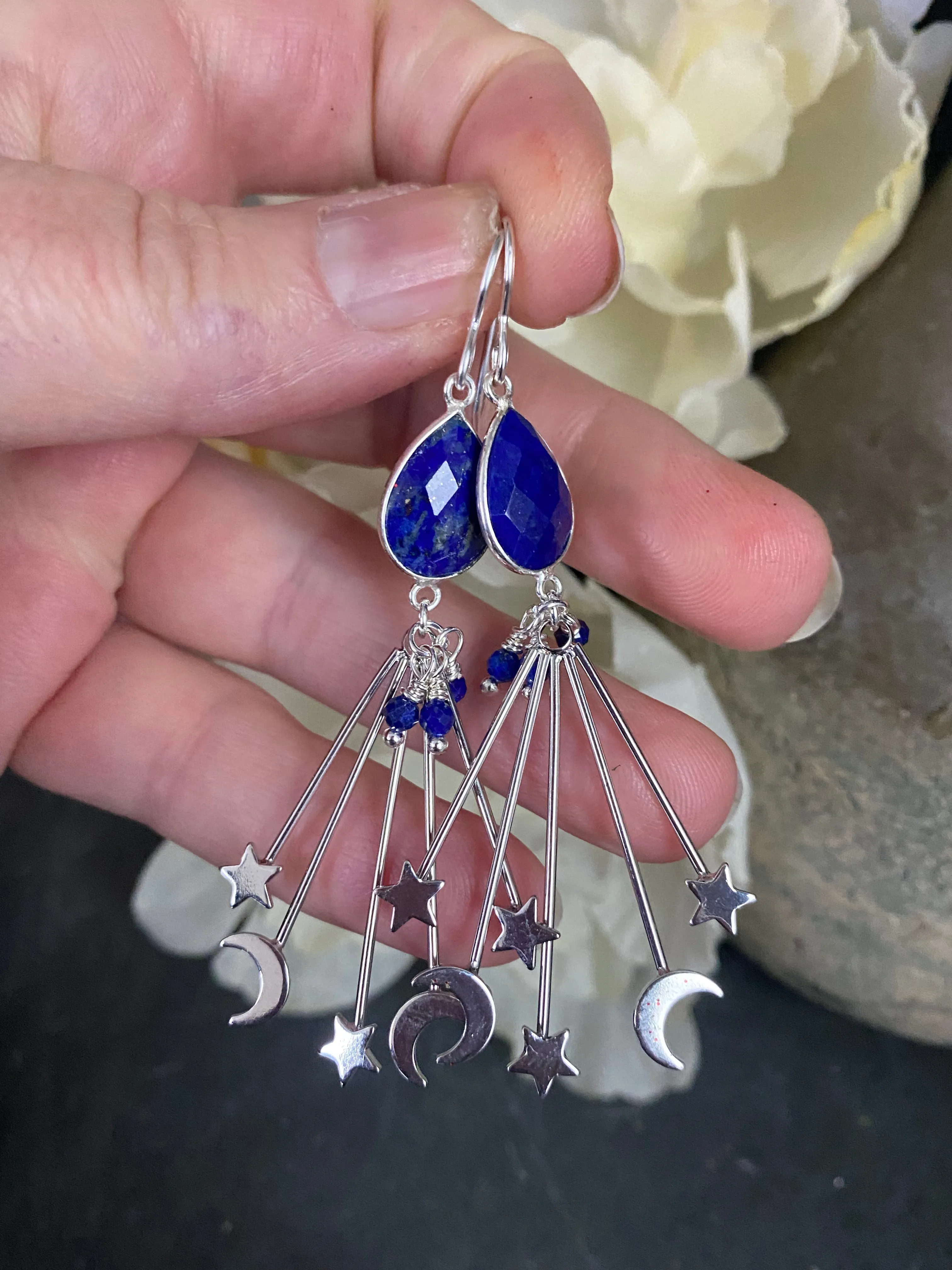 Lapis lazuli stone, moon and stars charms, silver metal, earrings, jewelry