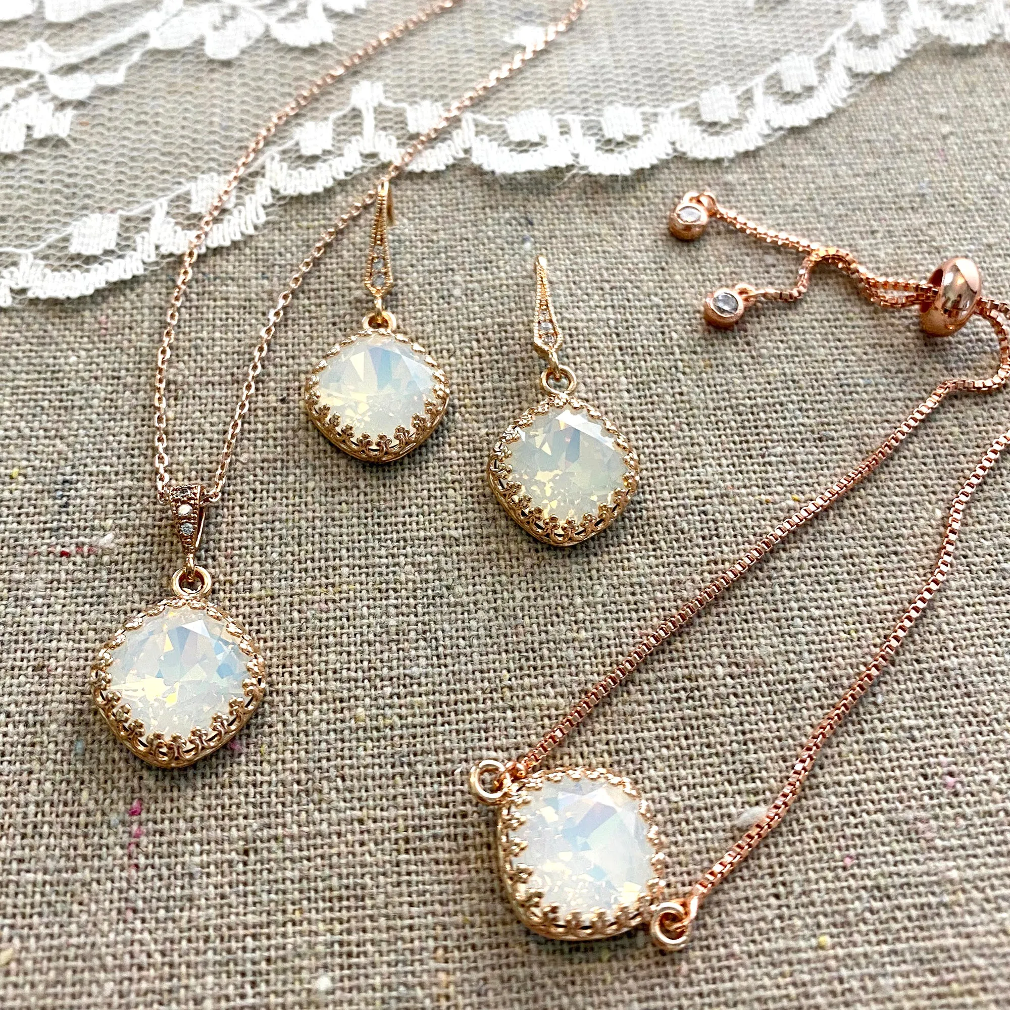 Large Cushion Crown Pavé Dangling Earrings, Necklace & Bracelet Set