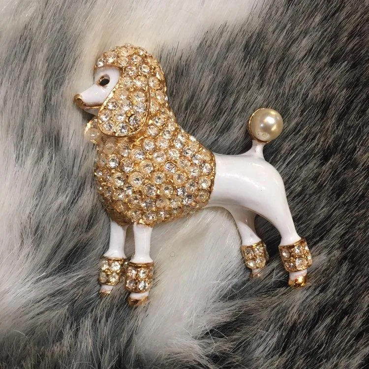 Large White Enamel Poodle Brooch Pin